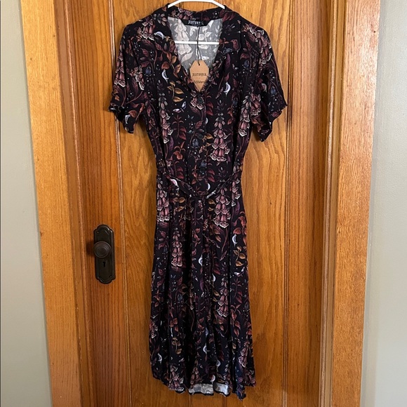Disturbia FoxGlove Black and Purple Floral Midi Shirt Dress Belted Size 8 NWT - Picture 2 of 5